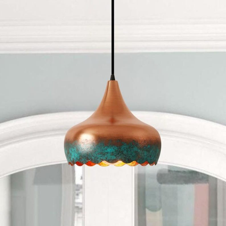 Handmade Copper Brass Pendant Light – Moroccan Scalloped Dome Pendant Lamp with Green Patina Edge for Kitchen Island, Dining Room & Boho Home Décor
