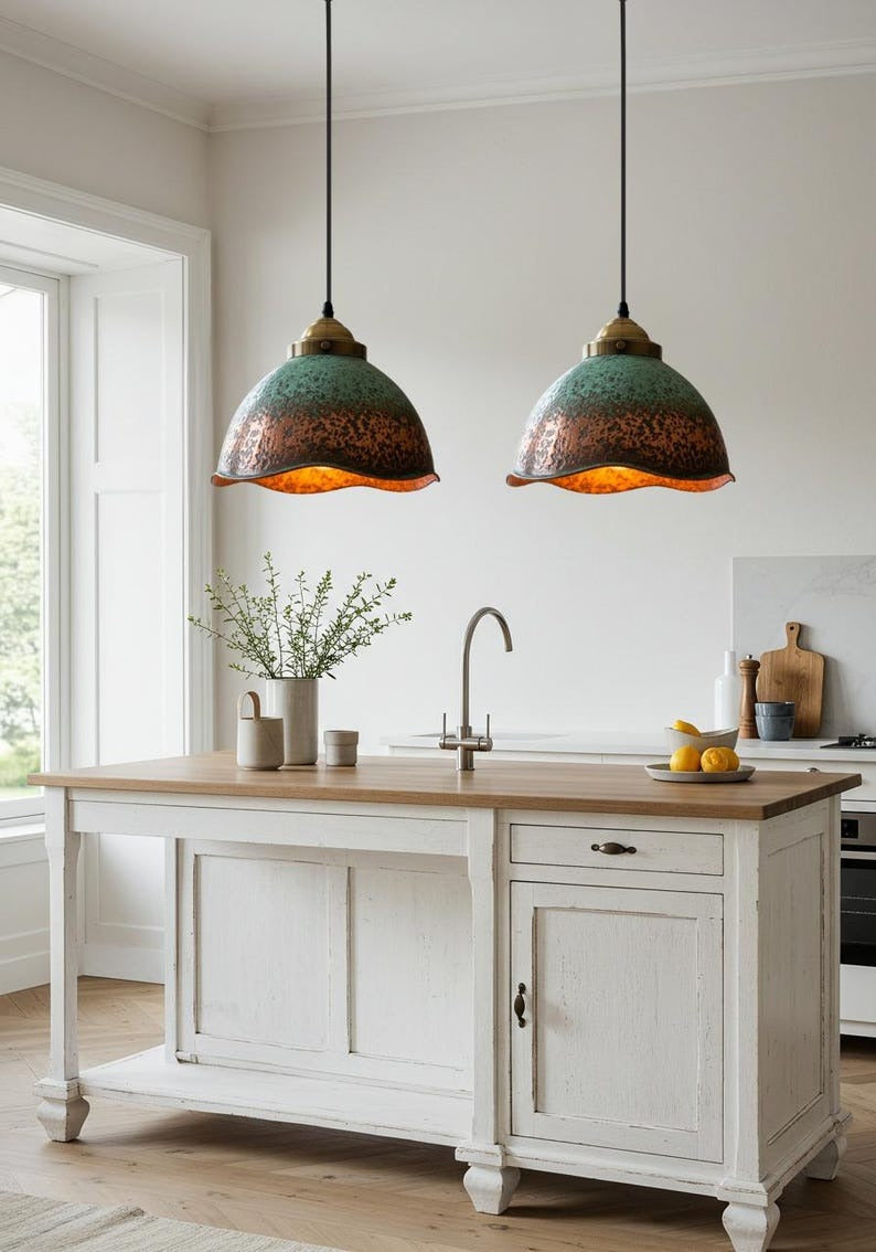 Verdigris Brass Bell Pendant Light – Aged Copper Scalloped Kitchen Island Chandelier