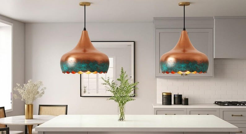 Handmade Copper Brass Pendant Light – Moroccan Scalloped Dome Pendant Lamp with Green Patina Edge for Kitchen Island, Dining Room & Boho Home Décor