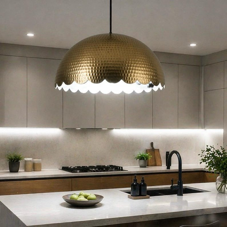 Set of 2 Handmade Moroccan Brass Pendant Lights – Hammered Gold Scalloped Dome Ceiling Lamps, Large Kitchen Island & Dining Room Lighting