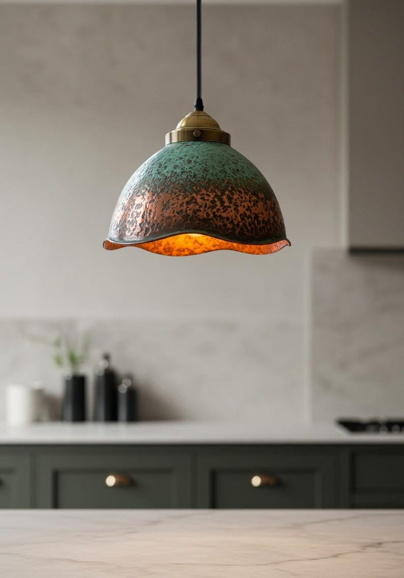 Verdigris Brass Bell Pendant Light – Aged Copper Scalloped Kitchen Island Chandelier