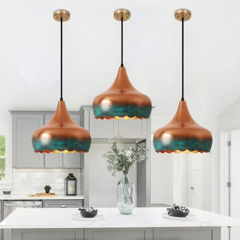 Handmade Copper Brass Pendant Light – Moroccan Scalloped Dome Pendant Lamp with Green Patina Edge for Kitchen Island, Dining Room & Boho Home Décor