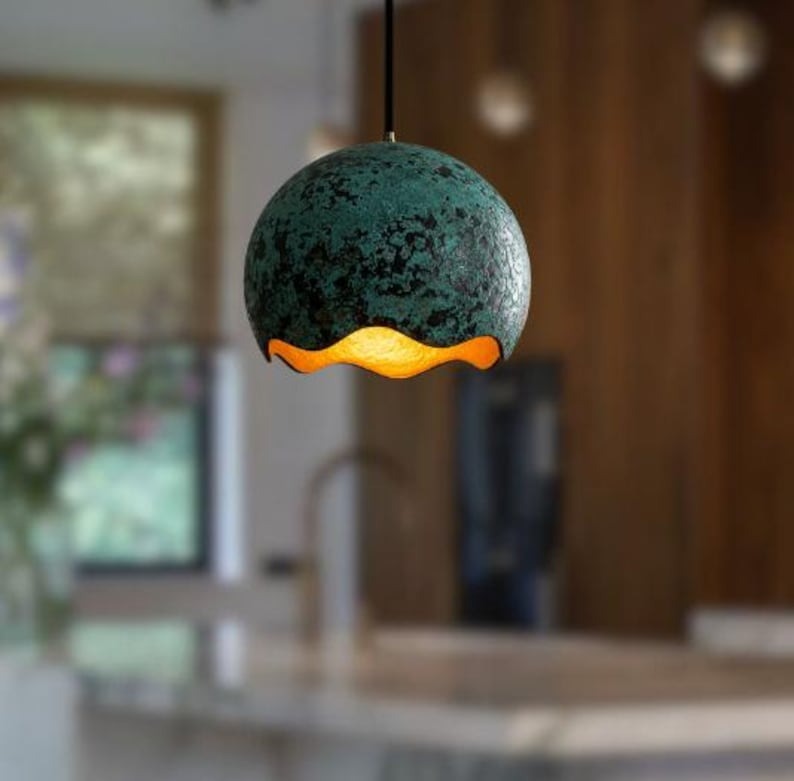 Handmade Green Patina Brass Pendant Light – Moroccan Scalloped Dome Hanging Lamp with Warm Gold Interior for Kitchen Island, Dining Room & Boho Home Décor