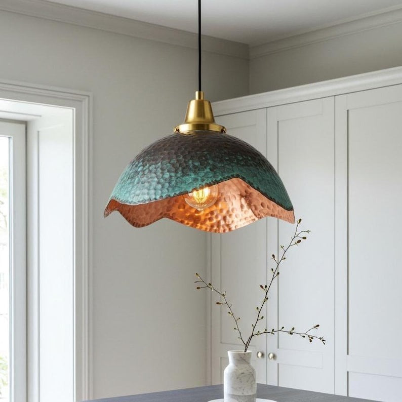 Verdigris Brass Scalloped Dome Pendant Light – Hammered Copper Kitchen Island Chandelier