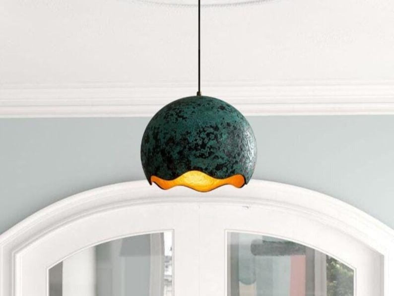Handmade Green Patina Brass Pendant Light – Moroccan Scalloped Dome Hanging Lamp with Warm Gold Interior for Kitchen Island, Dining Room & Boho Home Décor