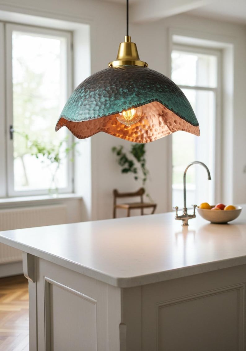 Verdigris Brass Scalloped Dome Pendant Light – Hammered Copper Kitchen Island Chandelier