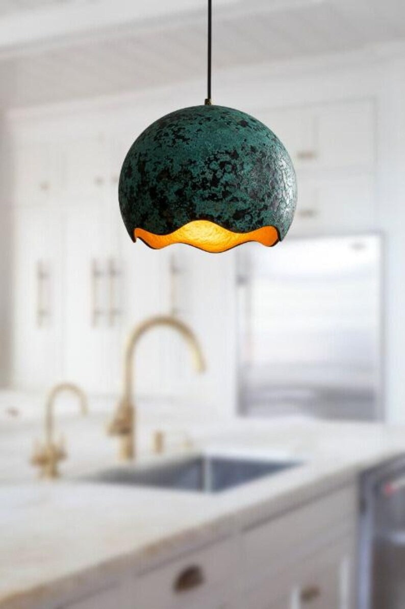 Handmade Green Patina Brass Pendant Light – Moroccan Scalloped Dome Hanging Lamp with Warm Gold Interior for Kitchen Island, Dining Room & Boho Home Décor