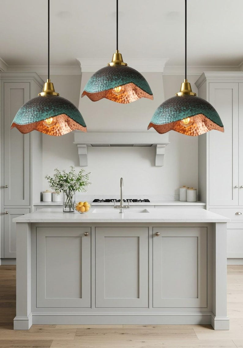 Verdigris Brass Scalloped Dome Pendant Light – Hammered Copper Kitchen Island Chandelier