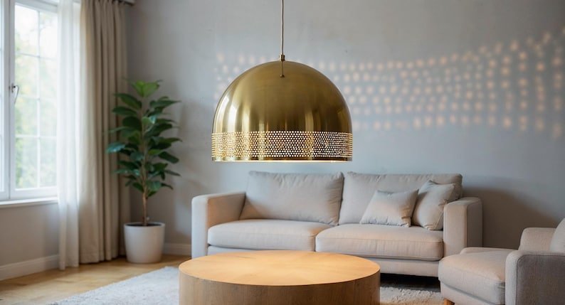 Large Antique Brass Dome Pendant Light, Handmade Moroccan Pierced Brass Kitchen Island Chandelier, Oversized Gold Brass Hanging Lamp, Rustic Boho Farmhouse Ceiling Light Fixture