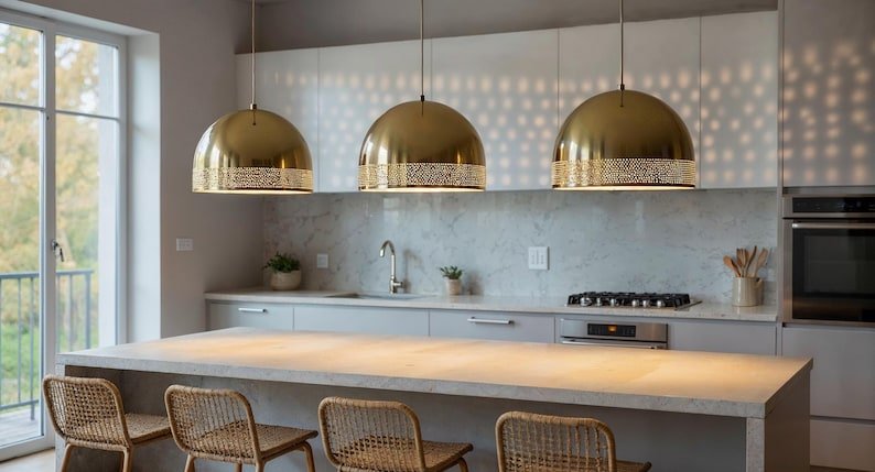 Large Antique Brass Dome Pendant Light, Handmade Moroccan Pierced Brass Kitchen Island Chandelier, Oversized Gold Brass Hanging Lamp, Rustic Boho Farmhouse Ceiling Light Fixture