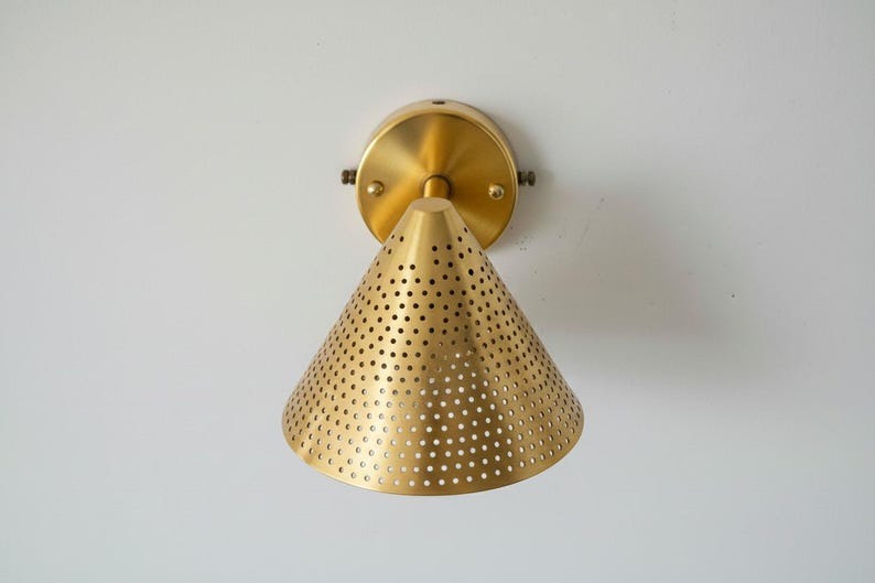 Handmade Pierced Brass Wall Sconce Light – Moroccan Cone Wall Lamp, Brass Bathroom Vanity Sconce, Boho Bedside Reading Light Fixture