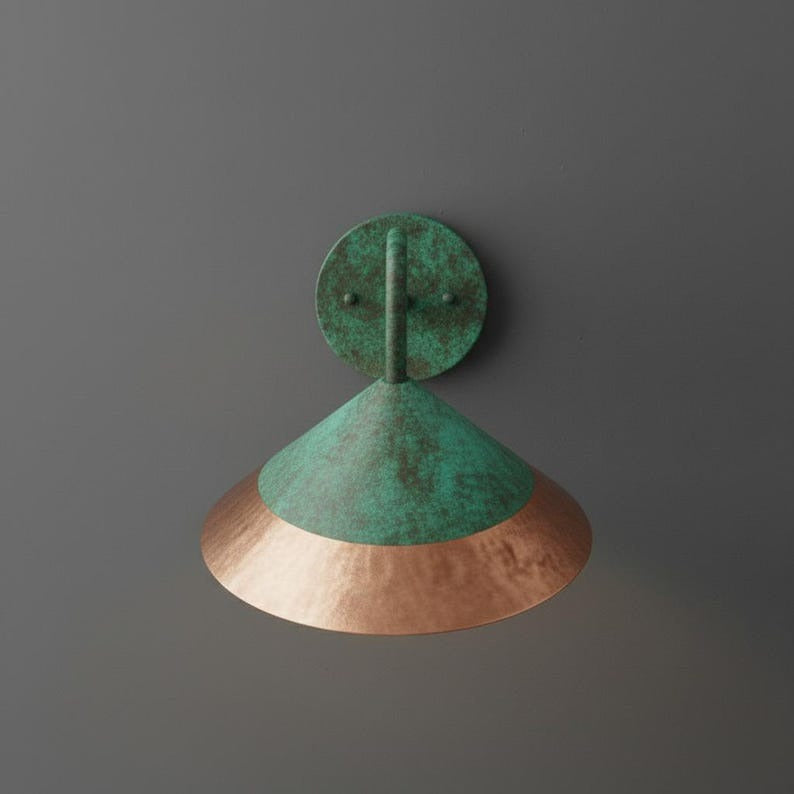 Handmade Moroccan Brass Wall Sconce – Green Verdigris Patina Cone Wall Light with Copper Brass Band, Vintage Gooseneck Lamp for Kitchen, Bedroom, Hallway & Entryway