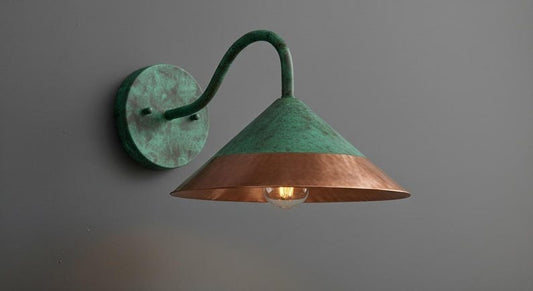Handmade Moroccan Brass Wall Sconce – Green Verdigris Patina Cone Wall Light with Copper Brass Band, Vintage Gooseneck Lamp for Kitchen, Bedroom, Hallway & Entryway
