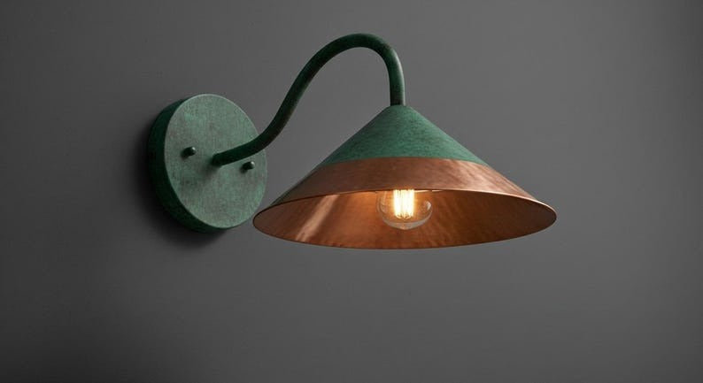 Handmade Moroccan Brass Wall Sconce – Green Verdigris Patina Cone Wall Light with Copper Brass Band, Vintage Gooseneck Lamp for Kitchen, Bedroom, Hallway & Entryway
