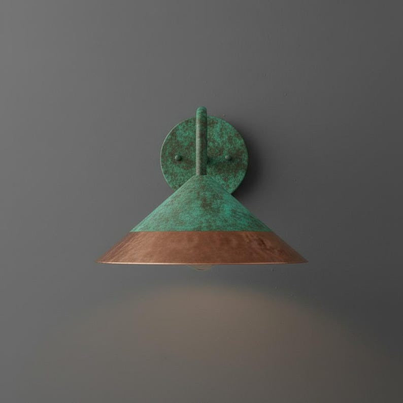 Handmade Moroccan Brass Wall Sconce – Green Verdigris Patina Cone Wall Light with Copper Brass Band, Vintage Gooseneck Lamp for Kitchen, Bedroom, Hallway & Entryway