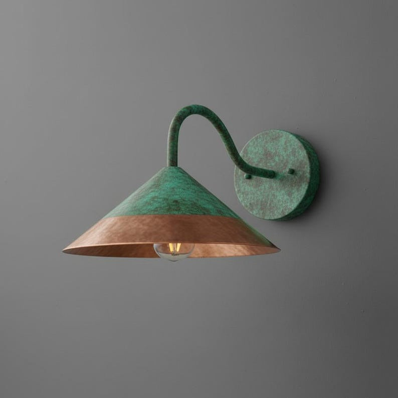Handmade Moroccan Brass Wall Sconce – Green Verdigris Patina Cone Wall Light with Copper Brass Band, Vintage Gooseneck Lamp for Kitchen, Bedroom, Hallway & Entryway