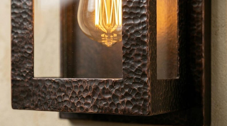 Handmade Brass Wall Sconce – Black Hammered Brass Box Lantern Wall Light with Glass Panels, Moroccan Rustic Industrial Wall Lamp Fixture