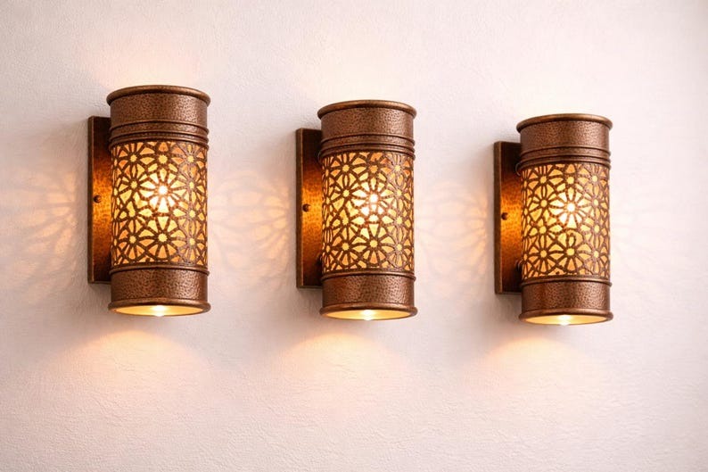 Moroccan Hammered Brass Wall Sconce – Pierced Floral Cylinder Light with Antique Copper Finish