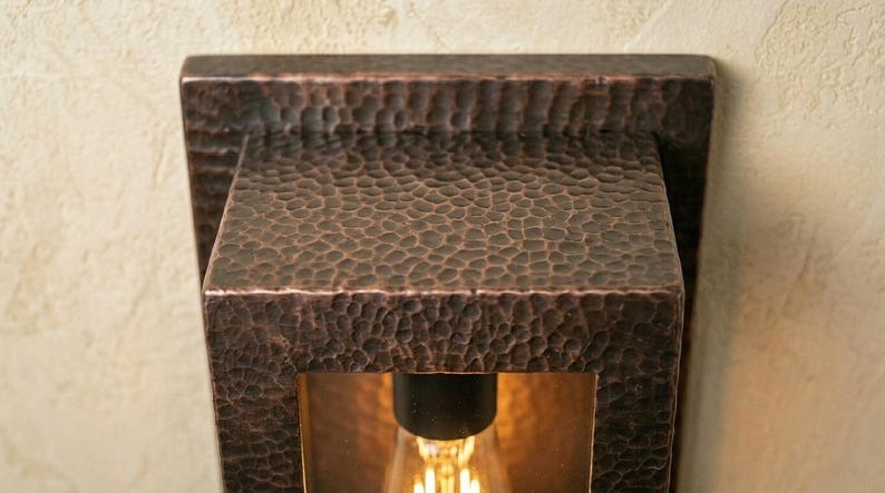 Handmade Brass Wall Sconce – Black Hammered Brass Box Lantern Wall Light with Glass Panels, Moroccan Rustic Industrial Wall Lamp Fixture