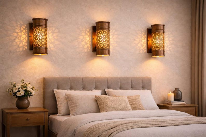 Moroccan Hammered Brass Wall Sconce – Pierced Floral Cylinder Light with Antique Copper Finish