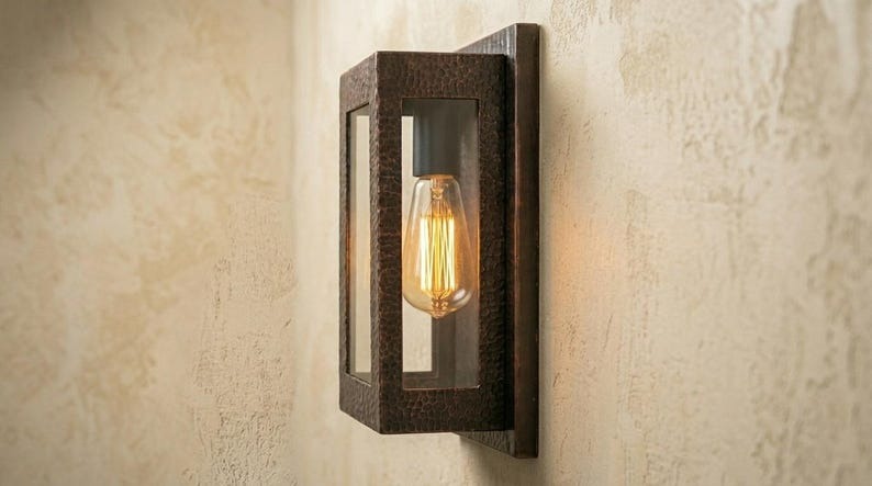 Handmade Brass Wall Sconce – Black Hammered Brass Box Lantern Wall Light with Glass Panels, Moroccan Rustic Industrial Wall Lamp Fixture
