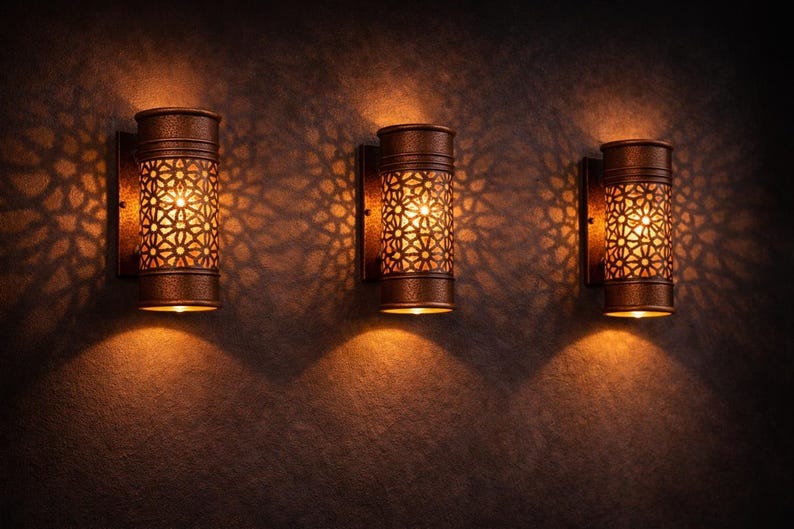 Moroccan Hammered Brass Wall Sconce – Pierced Floral Cylinder Light with Antique Copper Finish