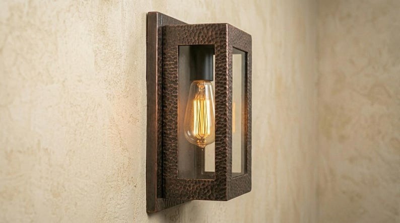 Handmade Brass Wall Sconce – Black Hammered Brass Box Lantern Wall Light with Glass Panels, Moroccan Rustic Industrial Wall Lamp Fixture