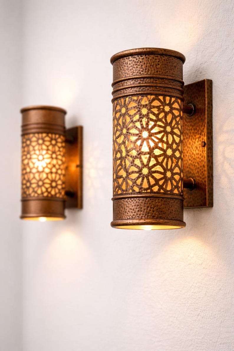 Moroccan Hammered Brass Wall Sconce – Pierced Floral Cylinder Light with Antique Copper Finish