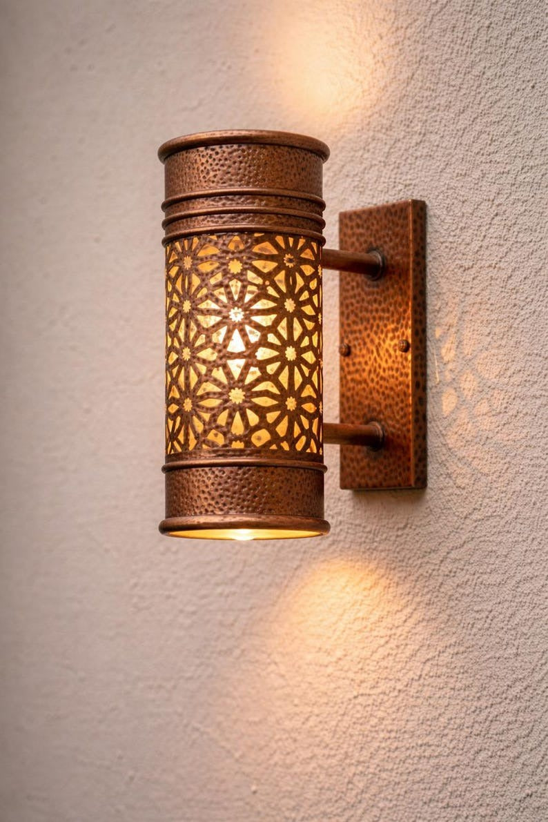 Moroccan Hammered Brass Wall Sconce – Pierced Floral Cylinder Light with Antique Copper Finish