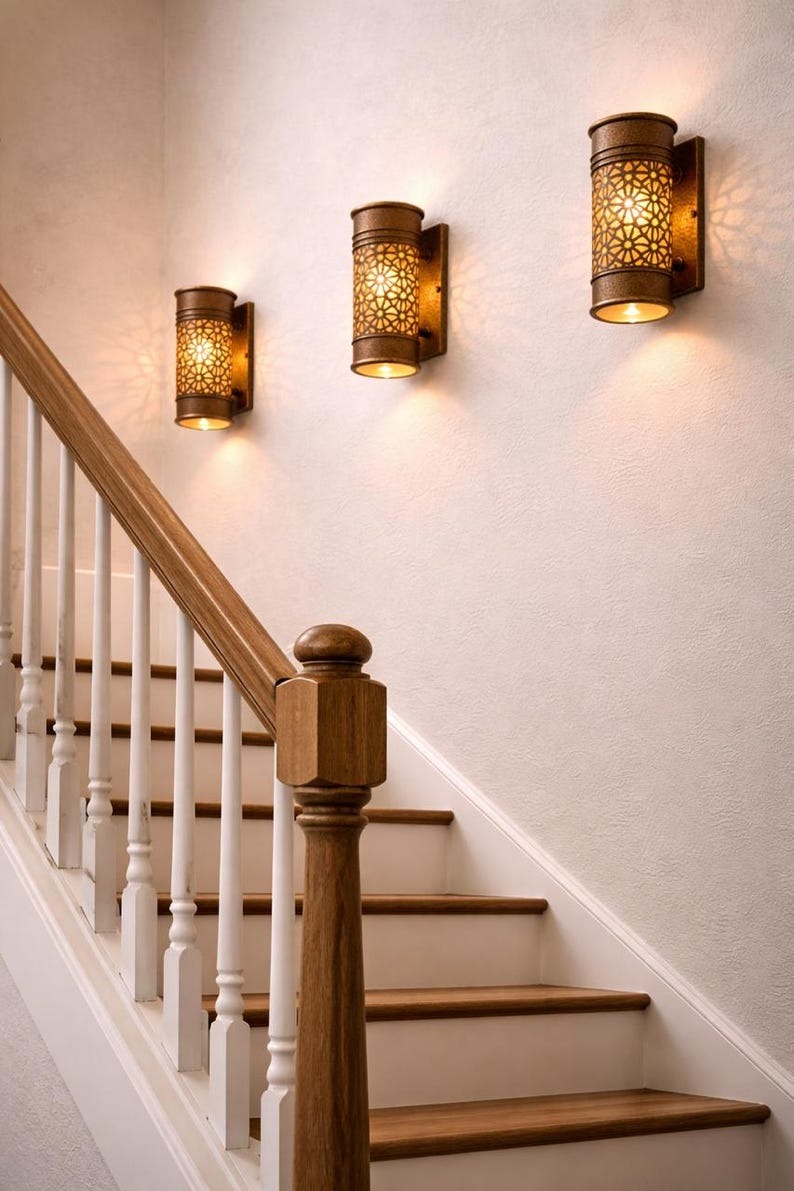 Moroccan Hammered Brass Wall Sconce – Pierced Floral Cylinder Light with Antique Copper Finish