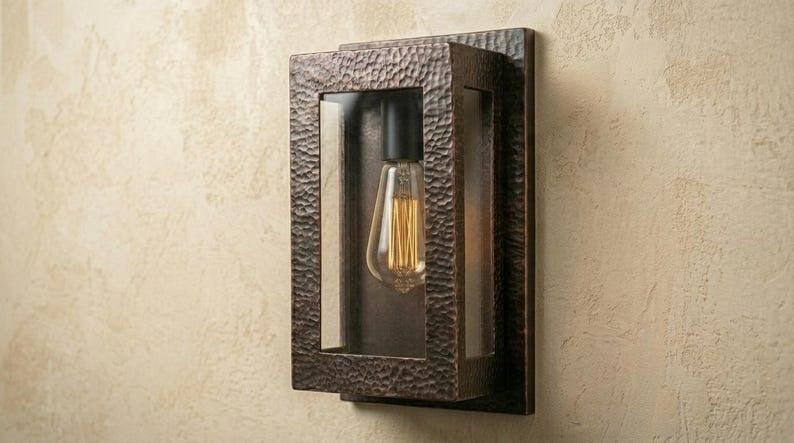 Handmade Brass Wall Sconce – Black Hammered Brass Box Lantern Wall Light with Glass Panels, Moroccan Rustic Industrial Wall Lamp Fixture