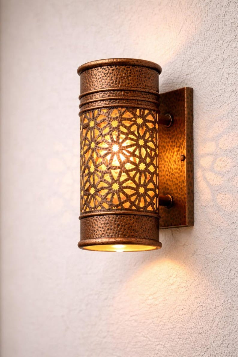 Moroccan Hammered Brass Wall Sconce – Pierced Floral Cylinder Light with Antique Copper Finish