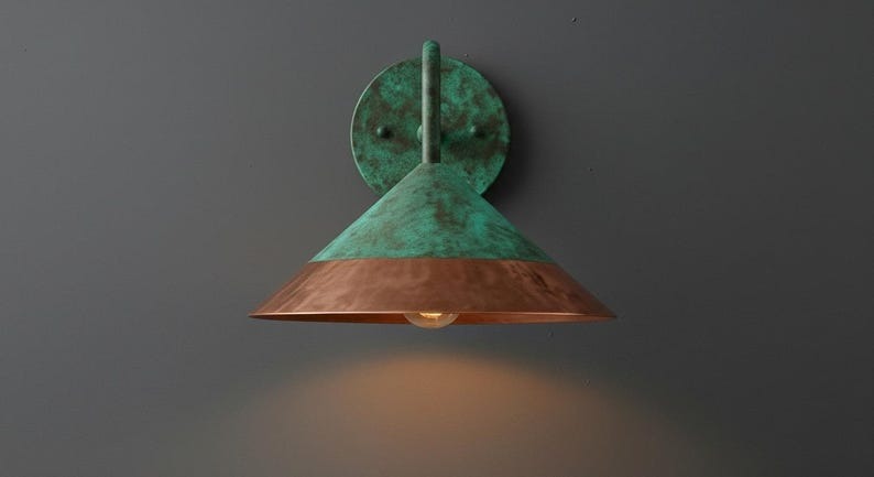 Handmade Moroccan Brass Wall Sconce – Green Verdigris Patina Cone Wall Light with Copper Brass Band, Vintage Gooseneck Lamp for Kitchen, Bedroom, Hallway & Entryway
