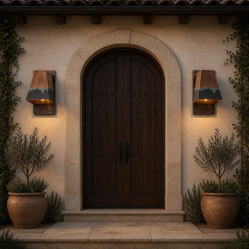 Handmade Geometric Brass Wall Sconce with Copper, Black and Verdigris Patina – Architectural Trapezoid Wall Light for Bedroom, Bathroom, Hallway, Entryway and Rustic Industrial Décor