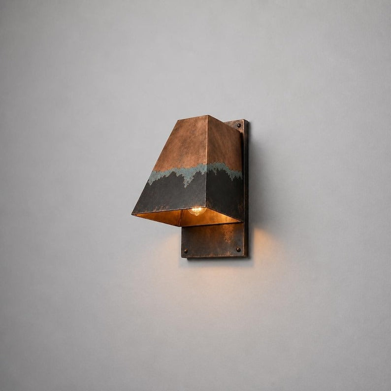 Handmade Geometric Brass Wall Sconce with Copper, Black and Verdigris Patina – Architectural Trapezoid Wall Light for Bedroom, Bathroom, Hallway, Entryway and Rustic Industrial Décor