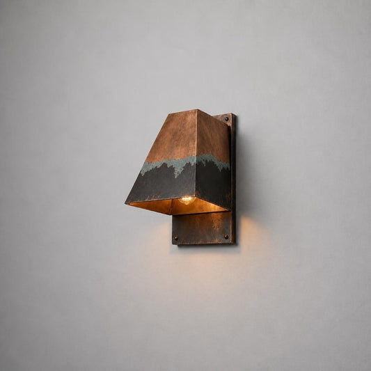 Handmade Geometric Brass Wall Sconce with Copper, Black and Verdigris Patina – Architectural Trapezoid Wall Light for Bedroom, Bathroom, Hallway, Entryway and Rustic Industrial Décor