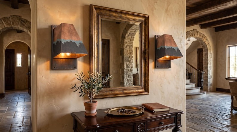 Handmade Geometric Brass Wall Sconce with Copper, Black and Verdigris Patina – Architectural Trapezoid Wall Light for Bedroom, Bathroom, Hallway, Entryway and Rustic Industrial Décor