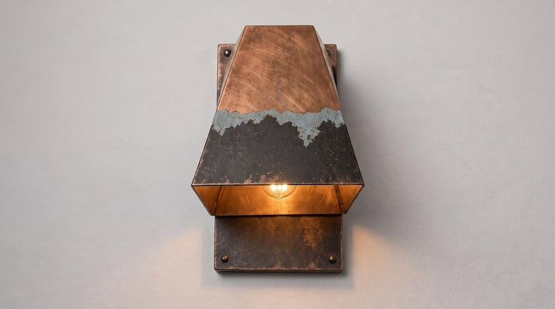 Handmade Geometric Brass Wall Sconce with Copper, Black and Verdigris Patina – Architectural Trapezoid Wall Light for Bedroom, Bathroom, Hallway, Entryway and Rustic Industrial Décor