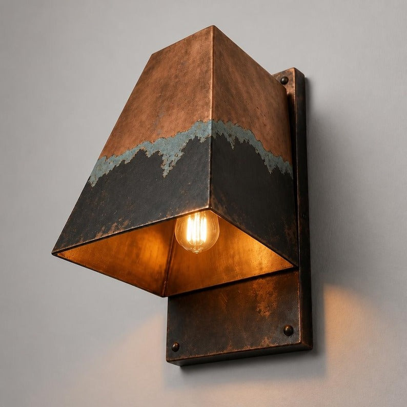 Handmade Geometric Brass Wall Sconce with Copper, Black and Verdigris Patina – Architectural Trapezoid Wall Light for Bedroom, Bathroom, Hallway, Entryway and Rustic Industrial Décor