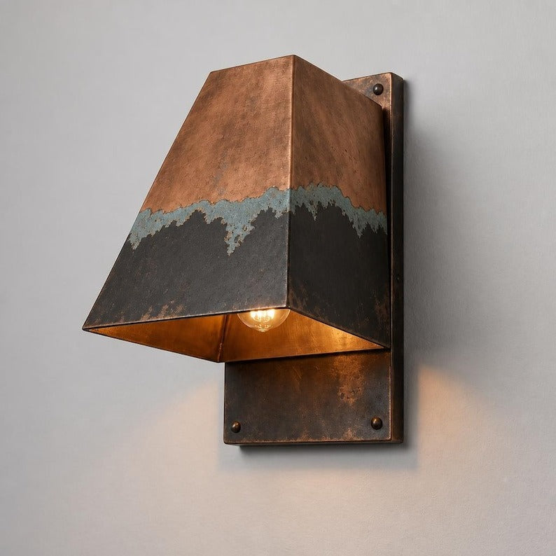 Handmade Geometric Brass Wall Sconce with Copper, Black and Verdigris Patina – Architectural Trapezoid Wall Light for Bedroom, Bathroom, Hallway, Entryway and Rustic Industrial Décor
