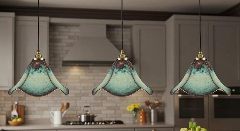 Green Patina Copper Tulip Pendant Light, Handmade Moroccan Bell Ceiling Lamp, Rustic Floral Kitchen Island Chandelier