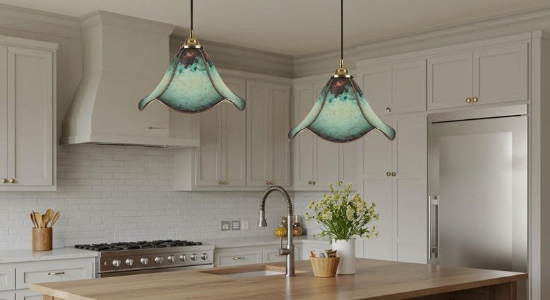 Green Patina Copper Tulip Pendant Light, Handmade Moroccan Bell Ceiling Lamp, Rustic Floral Kitchen Island Chandelier