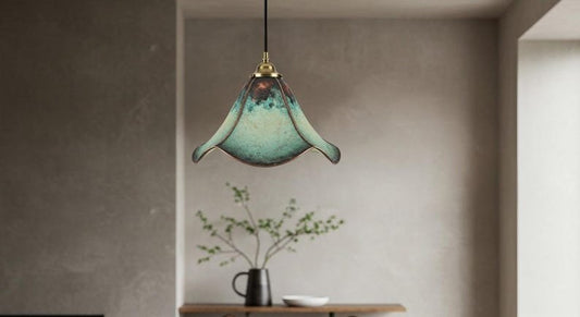 Green Patina Copper Tulip Pendant Light, Handmade Moroccan Bell Ceiling Lamp, Rustic Floral Kitchen Island Chandelier