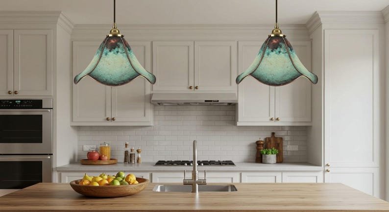 Green Patina Copper Tulip Pendant Light, Handmade Moroccan Bell Ceiling Lamp, Rustic Floral Kitchen Island Chandelier