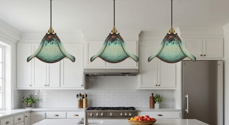 Green Patina Copper Tulip Pendant Light, Handmade Moroccan Bell Ceiling Lamp, Rustic Floral Kitchen Island Chandelier