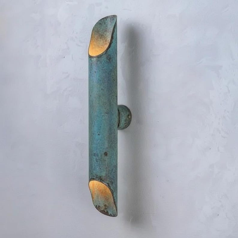 Handmade Moroccan Brass Wall Sconce – Tall Green Verdigris Patina Up and Down Wall Light with Warm Gold Interior, Modern Sculptural Lamp for Bedroom, Hallway, Entryway & Living Room