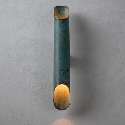 Handmade Moroccan Brass Wall Sconce – Tall Green Verdigris Patina Up and Down Wall Light with Warm Gold Interior, Modern Sculptural Lamp for Bedroom, Hallway, Entryway & Living Room