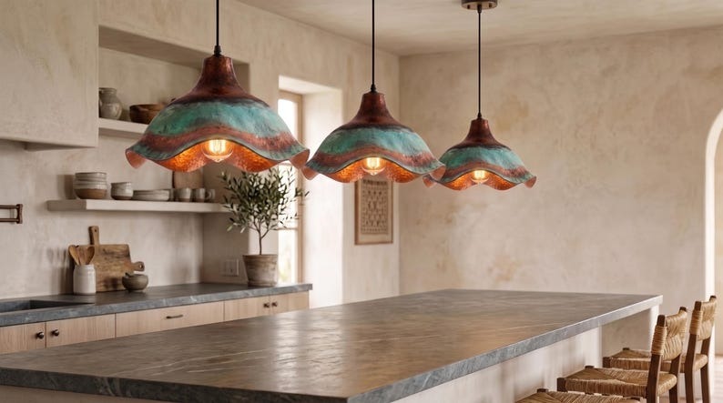Handmade Moroccan Brass Pendant Light – Sculptural Wavy Dome Ceiling Lamp with Verdigris Green Patina, Hammered Copper Finish & Organic Petal Edge
