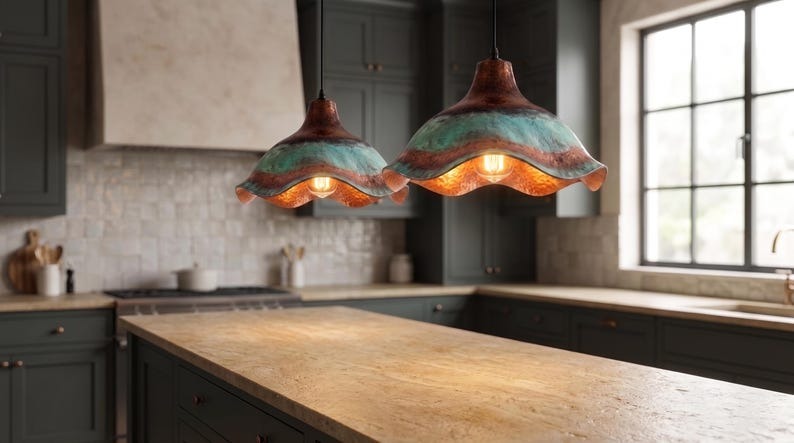 Handmade Moroccan Brass Pendant Light – Sculptural Wavy Dome Ceiling Lamp with Verdigris Green Patina, Hammered Copper Finish & Organic Petal Edge