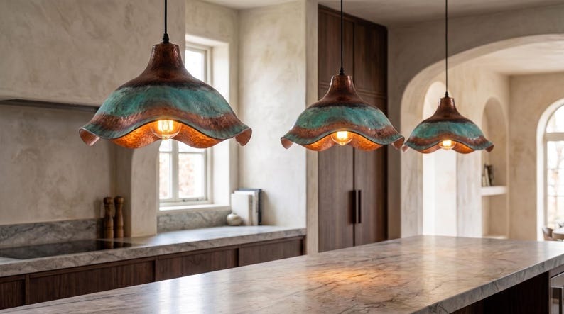 Handmade Moroccan Brass Pendant Light – Sculptural Wavy Dome Ceiling Lamp with Verdigris Green Patina, Hammered Copper Finish & Organic Petal Edge